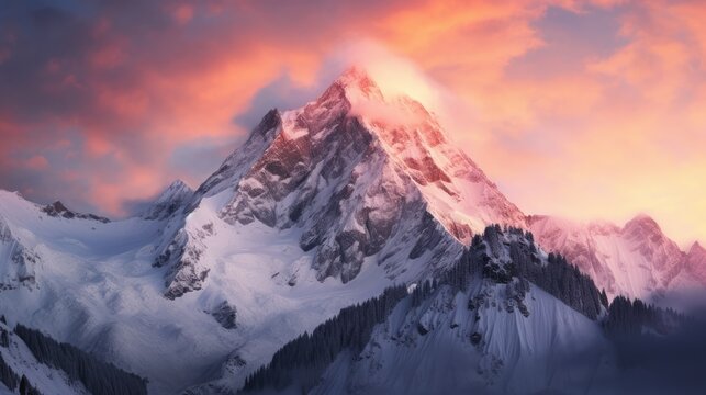  a snowy mountain covered in snow under a pink and blue sky with a pink and yellow light coming out of the top of it.  generative ai