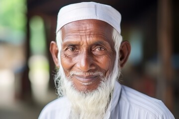 Portrait of an old man with a white beard in a mosque