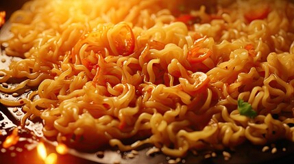  a close up of a plate of food with noodles and carrots on the side of the plate, with a fire in the background.  generative ai