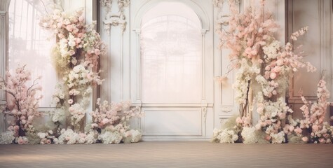 Wedding backdrop aesthetic flower decoration indoor interior decorated studio background