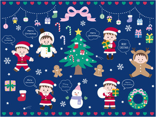 かわいい飾りと子供達のクリスマスイラストセット。ベクター、男の子、女の子、雪だるま、トナカイ	