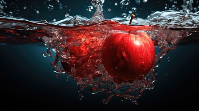  an apple is floating in the water with a splash of water on the top and bottom of the image on the bottom of the image.  generative ai