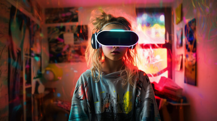 A girl child wearing VR goggles, stands in living room, enjoying a virtual reality experience with joy. Neon room. Concept of future tech. Ai generative