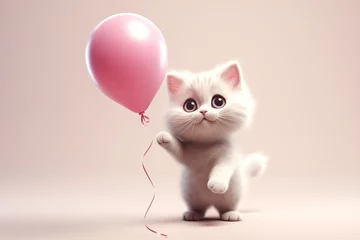 Foto op Plexiglas Smiling cat holding a pink heart shaped balloon for Valentine Day or birthday. © Teerasak