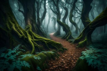 An enchanting, misty forest with ancient, twisted trees and a mysterious, glowing path leading...