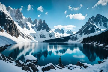 An awe-inspiring, snow-covered mountain range with jagged peaks and a crystal-cle