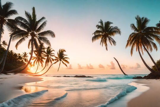A tranquil, tropical beach at sunrise, where palm trees frame the view of the calm ocean. The sky is painted in soft pastel colors, and the waves gently kiss the shore. --