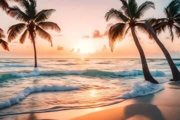 A tranquil, tropical beach at sunrise, where palm trees frame the view of the calm ocean. The sky is painted in soft pastel colors, and the waves gently kiss the shore. -- - obrazy, fototapety, plakaty