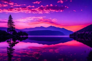 A mesmerizing twilight over a tranquil lake, the sky painted with shades of purple, pink, and orange. The reflection of the colorful sky is mirrored in the calm water. --