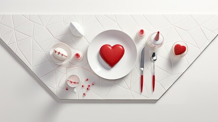  a white plate topped with a red heart on top of a white plate next to utensils and spoons.  generative ai