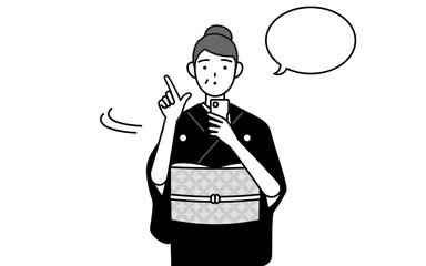 New Year's greeting and weddings, Senior woman in kimono operating a smartphone.