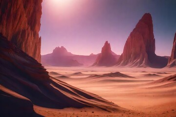 A surreal, alien desert landscape with towering, crystalline rock formations that catch the light and create a captivating, otherworldly spectacle. --