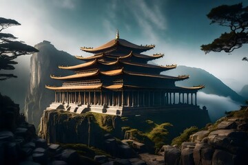 A majestic, ancient temple perched atop a mist-covered mountain, with ornate - obrazy, fototapety, plakaty