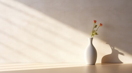White empty room with vase for flowers, light background with shadows, sunlight Minimalistic concept. Generative AI