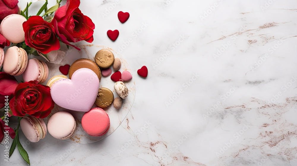 Poster a table topped with macaroons and roses on top of a white marble counter with hearts on top of the m