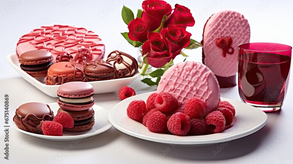 Poster a table topped with plates of desserts and a vase filled with red roses next to a vase of red roses.