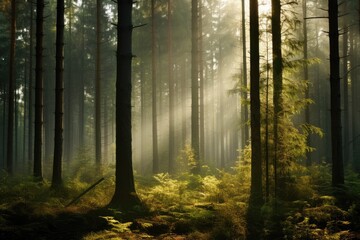 Natural forest of spruce trees, sunbeams through fog create mystic atmosphere. Generative AI - obrazy, fototapety, plakaty