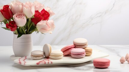 Fototapeta na wymiar a white vase filled with pink roses next to macaroons and macaroons on a white platter. generative ai