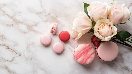  three macaroons and a bouquet of flowers on a white marble table with pink and red macaroons.  generative ai
