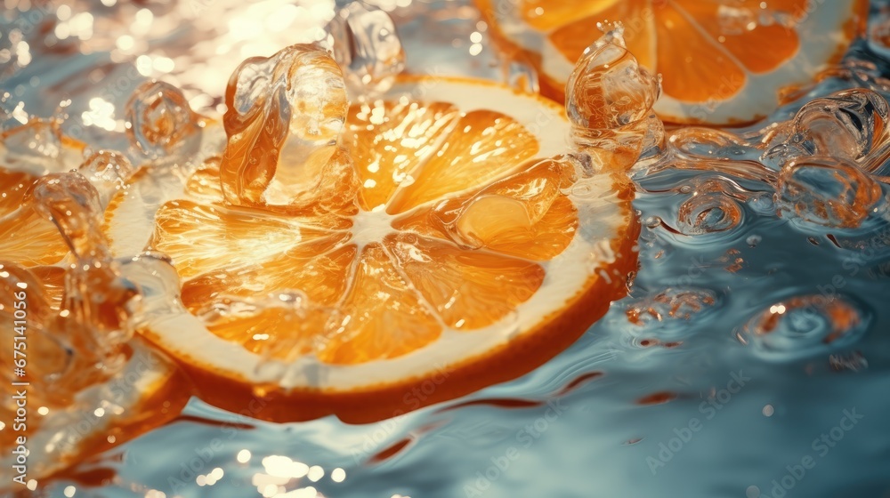 Poster a close up of an orange cut in half with ice cubes on the bottom and water on the bottom. generative