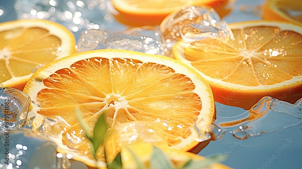 Aufkleber a group of sliced oranges sitting on top of a table next to a pile of ice cubes on top of a table. g