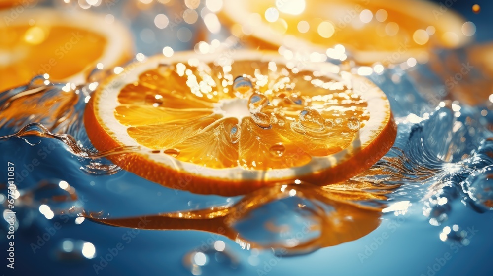 Poster a close up of an orange sliced in half with water splashing on the surface and on top of it. generat