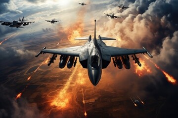 Fighter jets flying in a military combat zone. War zone in the sky. Generative AI