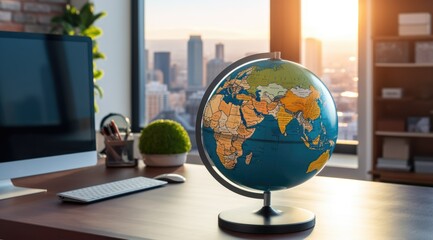 Globe model on wooden desk. Generative AI