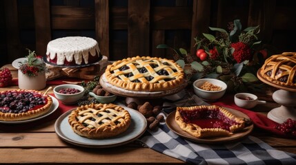  a table topped with pies and pies covered in frosting next to bowls of berries and other desserts.  generative ai - obrazy, fototapety, plakaty