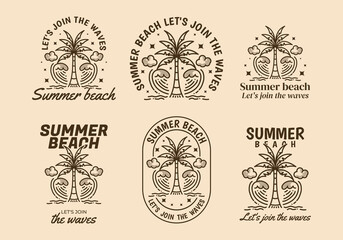 Summer beach, Let's join the waves. Line art illustration of coconut tree and waves - obrazy, fototapety, plakaty