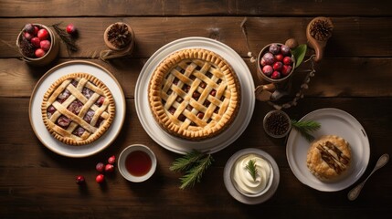  a table topped with pies and desserts next to a bowl of whipped cream and a cup of tea.  generative ai