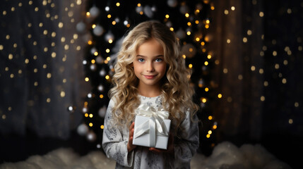 beautiful little blonde girl in a white dress holds a gift box with a ribbon on a background of garlands and snow, winter, new year, christmas, child, kid, childhood, postcard, present, portrait, face