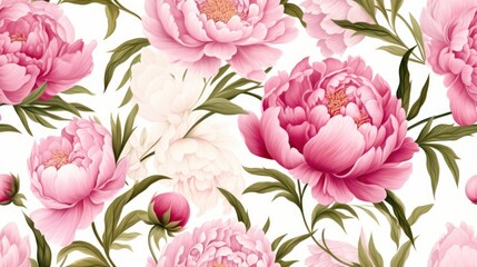  a bunch of pink and white flowers with green leaves on a white background with pink and white peonies.  generative ai - obrazy, fototapety, plakaty