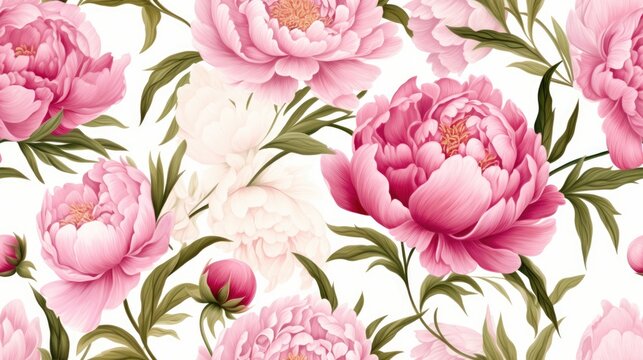 Fototapeta  a bunch of pink and white flowers with green leaves on a white background with pink and white peonies.  generative ai