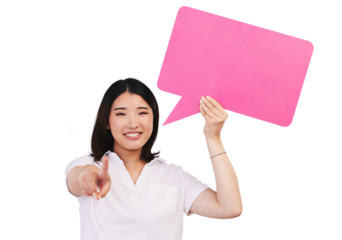 Isolated woman, speech bubble and portrait to point at you with opinion by transparent png background. Japanese girl, poster or board for feedback, quote or review with mockup space for social media