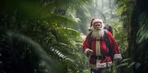 Santa Claus hiking through a lush rainforest on a tropical island