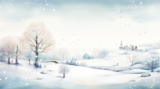 a painting of a snowy landscape with a church and trees in the foreground and birds flying in the background.  generative ai