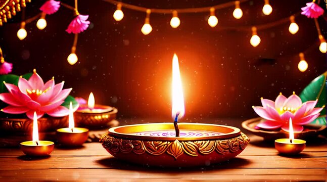 Happy Diwali video illustration with diya oil lamps on blurred lighting background