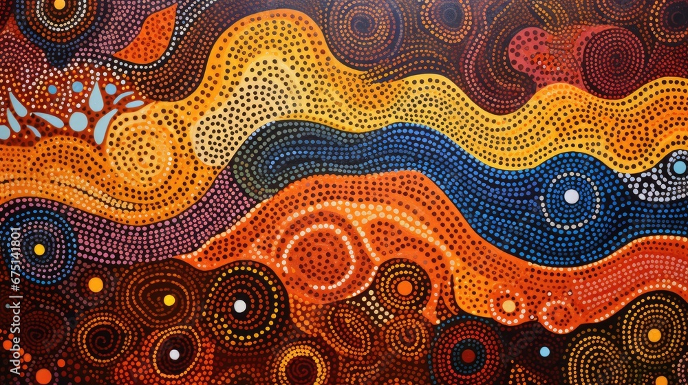 Poster a painting of a colorful wave with circles and dots on the bottom of the wave and a tree on the top 