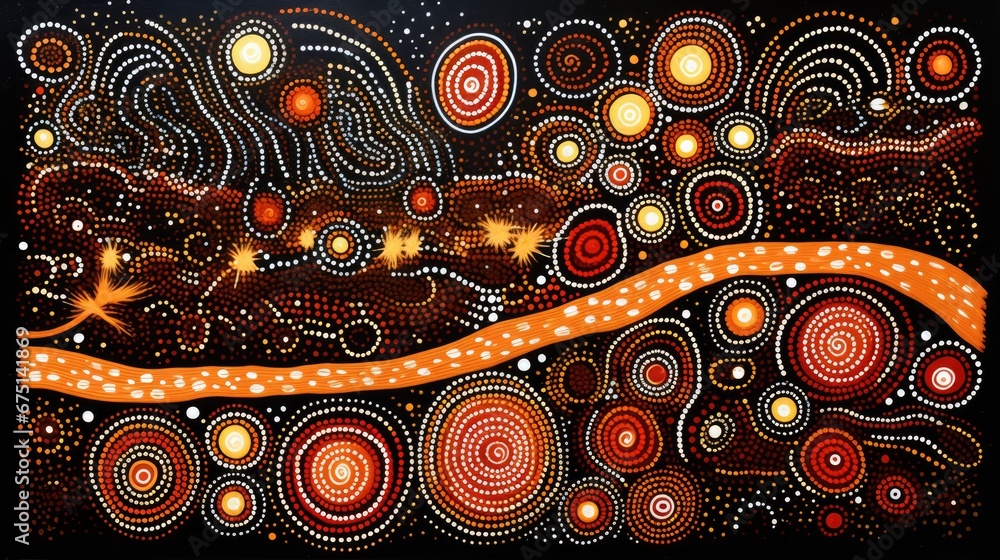 Poster a painting on a black background of a landscape with circles and stars in the sky and a river runnin