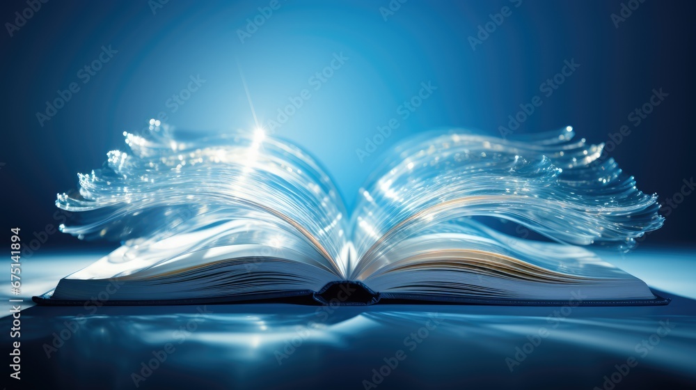 Poster an open book sitting on top of a table next to a light blue background with a wave of light coming o