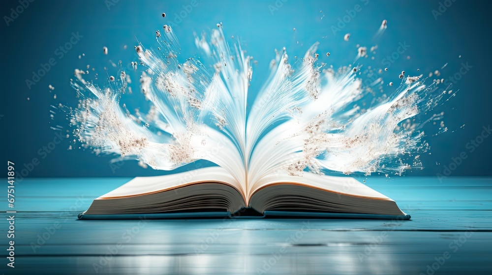 Poster an open book with white feathers coming out of it on a blue surface with water splashing out of it. 