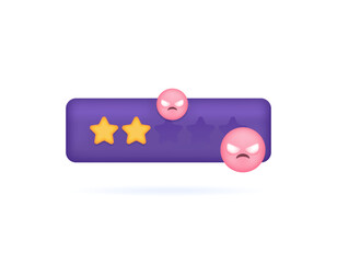 Bad reviews and ratings. survey or feedback. client, buyer, or customer is not satisfied and gives a 2-star rating. Illustration of a board with 2 stars and angry emoticons. Minimalist 3D concept 
