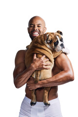 Hug, dog and portrait of man in underwear on isolated, png and transparent background with smile....