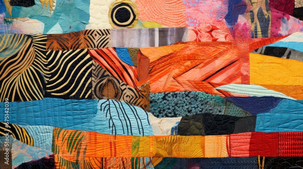 Poster a close up of a multicolored quilt with many different shapes and sizes of fabric on the back of the