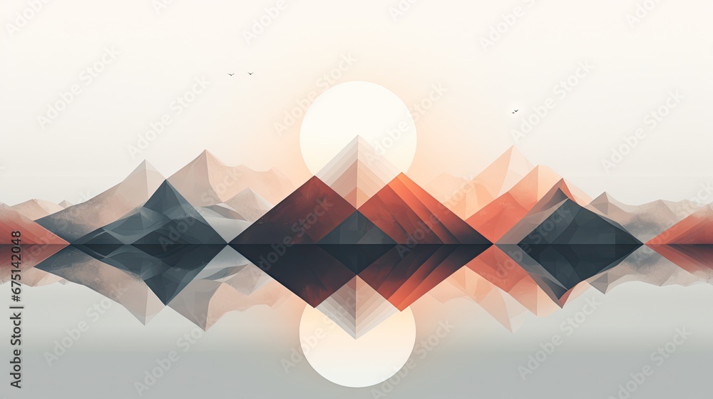 Poster a picture of a mountain range with a sun in the background and a reflection of the mountains in the 