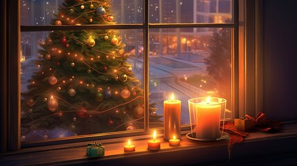 Cozy Christmas card. A Christmas candle on the windowsill next to an elegant Christmas tree.