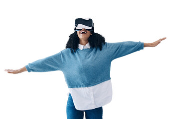 Woman, virtual reality glasses and futuristic with digital app, internet and flying game isolated on transparent background. Person, model and girl with VR headset, tech or png with online experience