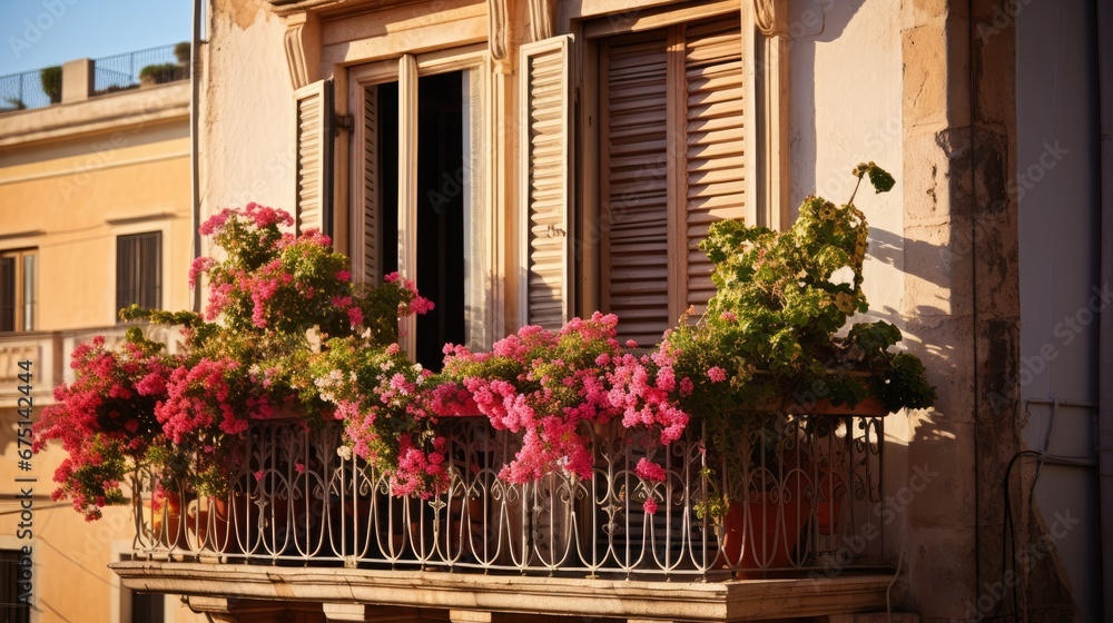 Aufkleber a balcony with a bunch of flowers in the window sill and a building with shutters in the background.