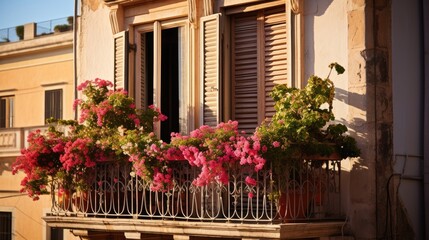 Fototapeta na wymiar a balcony with a bunch of flowers in the window sill and a building with shutters in the background. generative ai